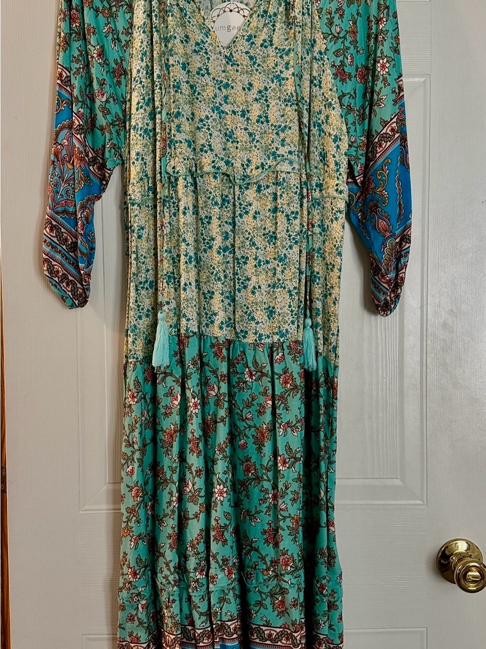 Umgee Teal Floral Boho Maxi Dress with Tassel Tie